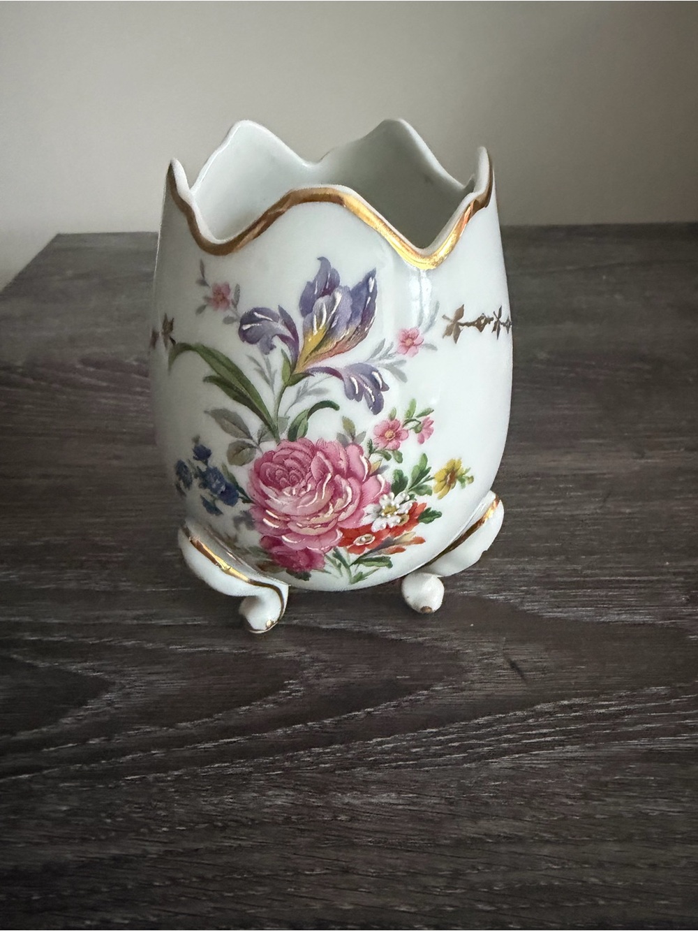 Vintage Limoges France Porcelain Floral Vase Cachepot Swan Feet Gold Trim